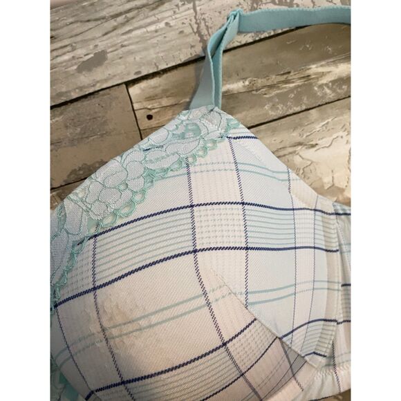 Lane Bryant Cacique light blue plaid print boost plunge underwire bra 44DD - Picture 2 of 7